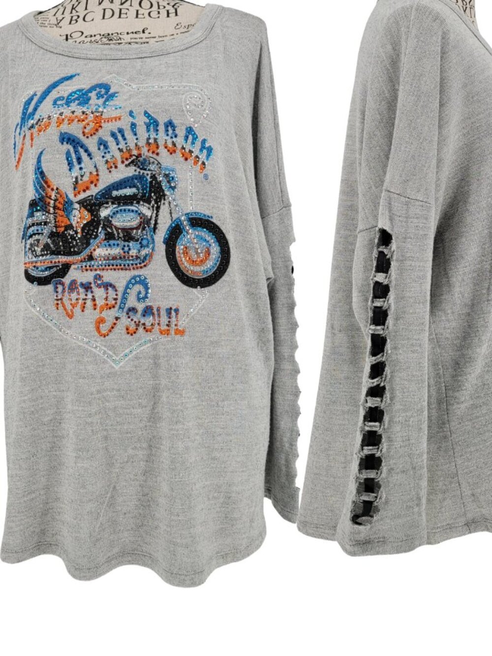 Harley-Davidson Women’s 1XL Gray Rhinestone Road Soul Top Lace-Up Cutout Sleeves